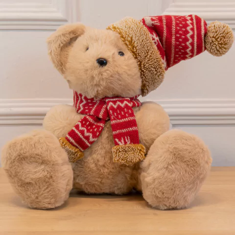 Urso de Pelúcia Natalino com Gorro e Cachecol Vermelho 27cm