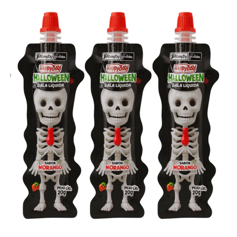 3 Bala Liquida Happy Time Monster Esqueleto sabor morango 20g