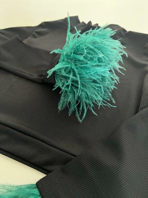 POLERA CLARA NEGRA CORTITA CON PLUMAS VERDES