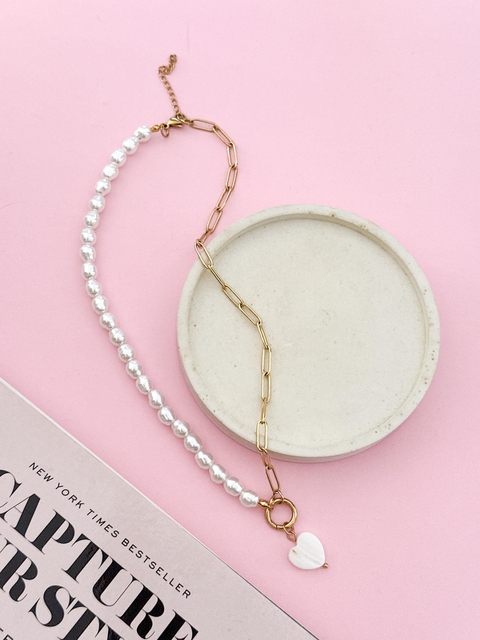 Collar Corazon Nacar con Perlas x3- No acumual descuento