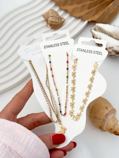 Pack x3 Tobilleras Acero Dorado CD506