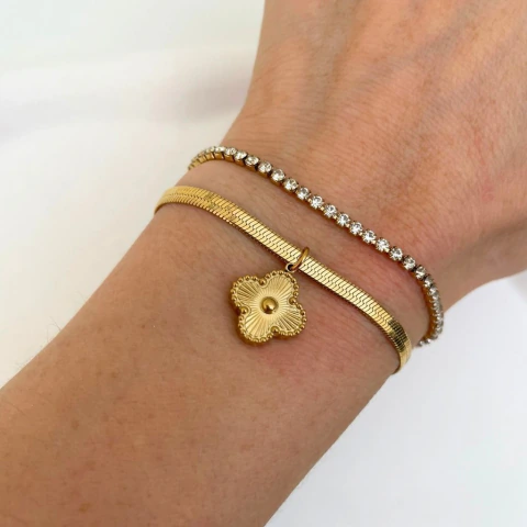 Pulseira Malha Fita Riviera Trevo Aço Inoxidável Dourado