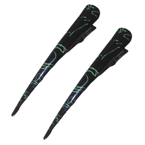 Dos hebillas broche para pelo de mujer con diseño geométrico en color negro y verde, de tamaño mediano de 12.5 cm.