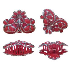 Broches para pelo en forma de flor y mariposa, color rojo, con detalles de strass y acabado metálico.