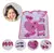 Set de gomitas y hebillas para el cabello en tonos rosas, presentado en un diseño atractivo con forma de corazón.