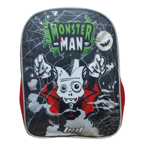 Mochila para niños de la marca LSD Monster Man, modelo Dracula, con diseño de vampiro y telarañas.