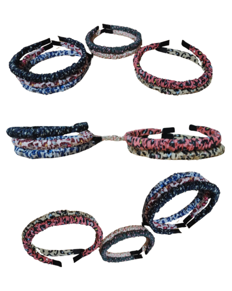Vinchitas plásticas forradas en tela con frunce para mujer y niñas, en diversos colores y patrones.