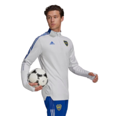 Buzo de fútbol profesional Adidas Boca Juniors gris para hombre, con detalles en azul y logo del club.