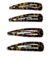 Hebillas de pelo tipo tic tac con estampado animal print en colores amarillos y negros, presentadas en un pack de 8 unidades.