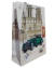 Bolsas de cartón premium con diseño de autos lujosos antiguos y monumentos europeos en 3D, medidas 40x30x12 cm.