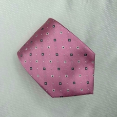 Gravata Semi-Slim Jacquard Trabalhada Rosa com Branco e Cinza