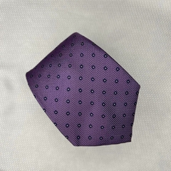 Gravata Semi-Slim Jacquard Trabalhada Lilás com Qudradinhio Azul e Branco