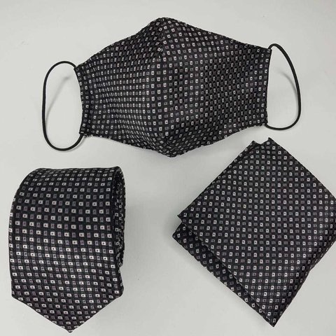 kit Máscara Lenço e Gravata Semi-Slim Jacquard Preta Trabalhada