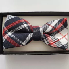 Gravata Borboleta Jacquard Xadrez Azul com Vermelho e Branco