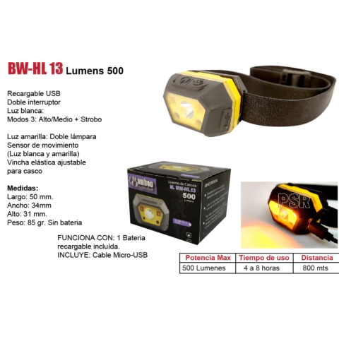 LINTERNA FRONTAL 500 LUMENS RECARGABLE BWHL13 BAMBOO