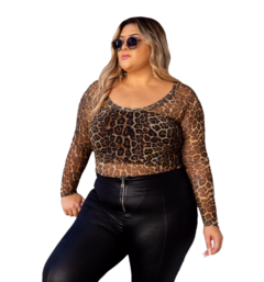 Blusa Body Plus Size Tule Manga Longa Oncinha - LUKAHE - Moda e Acessórios