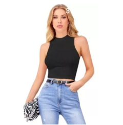 Top Cropped Feminino Gola Alta Canelado - LUKAHE - Moda e Acessórios
