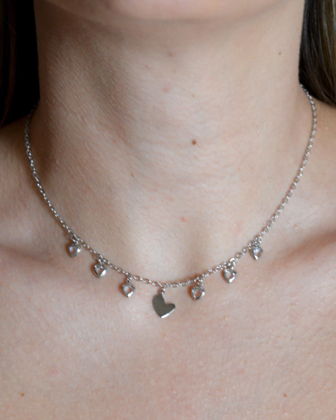 Colar Infantil Corações Cristal e Liso Ródio Branco