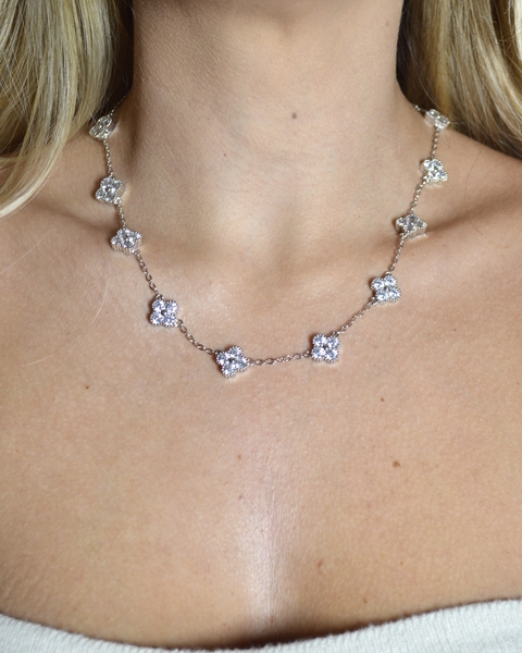 Colar Trevo Cristal Ródio Branco