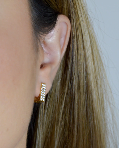 Brinco Argola Retangular Cravejada Ouro