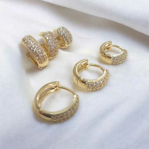 Brinco Trio Arredondado 3 Fileiras Zirconia Folheado a Ouro 18k e Ródio - comprar online