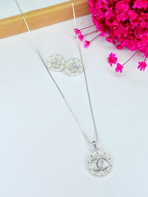 Conjunto Inspiração da Channel Borda Strass Folheado a Prata 925