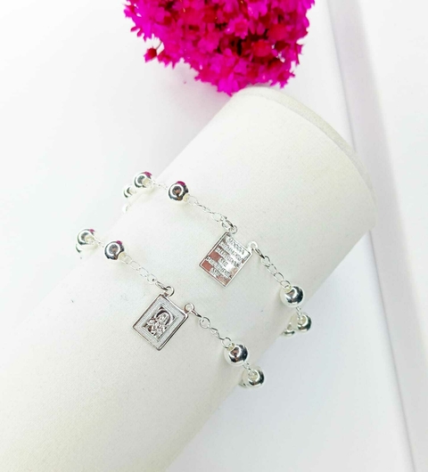 Pulseira Escapulário Nossa Senhora Aparecia Borda Estampada Folheado a Prata 925