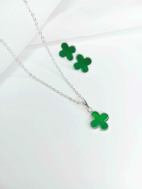 Conjunto Inspiração Trevo Verde Cadeado Folheados a Prata 925
