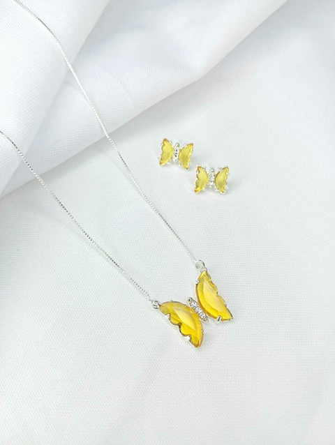 Conjunto de Borboleta Amarela Folheado a Prata 925