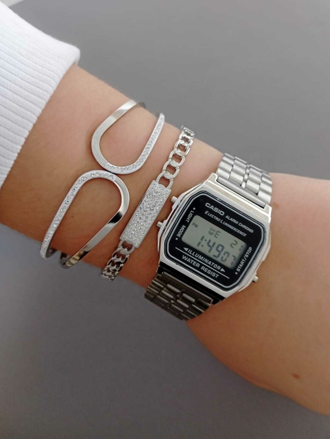 Relógio de Pulso Inspiração Casio Digital Vintage Aço Steel Fundo Preto