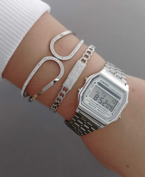 Relógio de Pulso Inspiração Casio Digital Vintage Aço Steel Fundo Prata