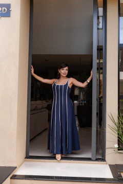 Vestido linho forrado listras - Yamada Fashion