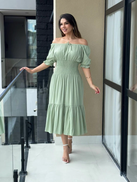 Vestido midi manguinha com lastex na cintura