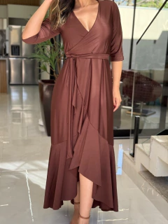 Vestido suplex transpassado manga 3/4