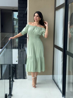 Vestido midi manguinha com lastex na cintura - comprar online