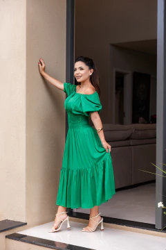 Vestido midi manguinha com lastex na cintura - comprar online