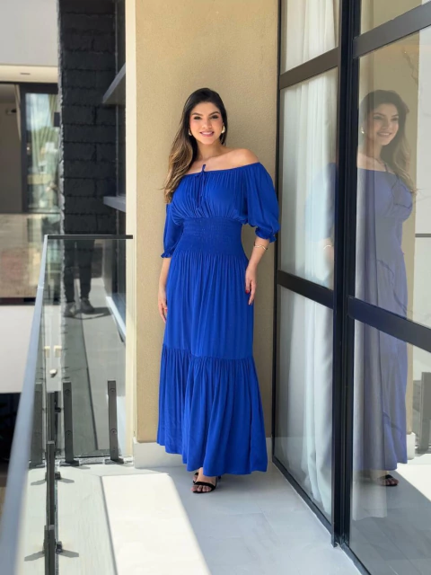 vestido longo lastex na cintura