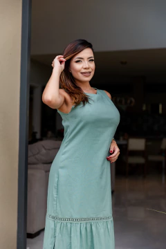 Vestido longo em linho trabalhado - loja online