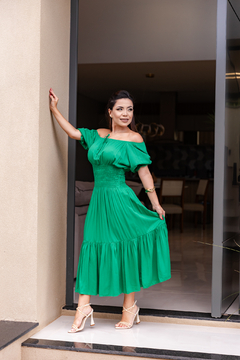 Vestido midi manguinha com lastex na cintura - comprar online