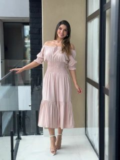Vestido midi manguinha com lastex na cintura - Yamada Fashion