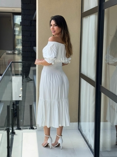 Vestido midi manguinha com lastex na cintura
