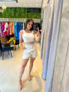 Conjunto short e cropped linho com bordado