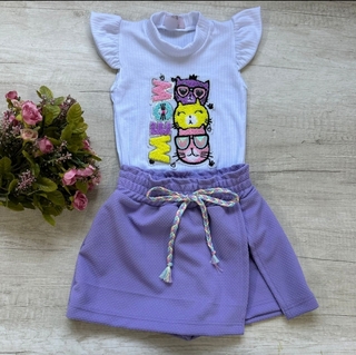 Conjunto Meow ( blusa canelada, shorts saia elanca )