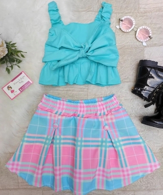 Conjunto xadrez ( cropped tricoline lastex nas costas, shorts saia xadrez candy)