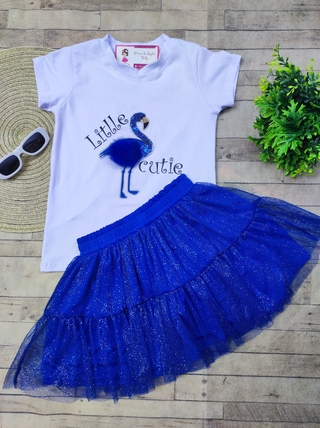 Conjunto flamingo ( blusa cotton, saia tule brilho com shorts por baixo)