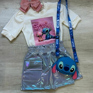 Conjunto Stitch ( shorts saia metalizado, blusa canelada com aplique, obs; acessórios não acompanha)