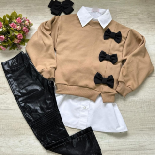 Conjunto com 3 peças ( blusão moletom laços , camisa tricoline e legging de cirrê nervura)