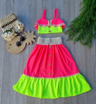 Conjunto neon ( cropped, saia Midi unilex)