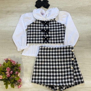 Conjunto Daiana ( camisa em tricoline, cropped tweed, shorts saia tweed )