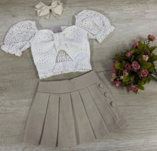 Conjunto Joana ( cropped em laise 100% algodão, shorts saia em linho preguinhas)
